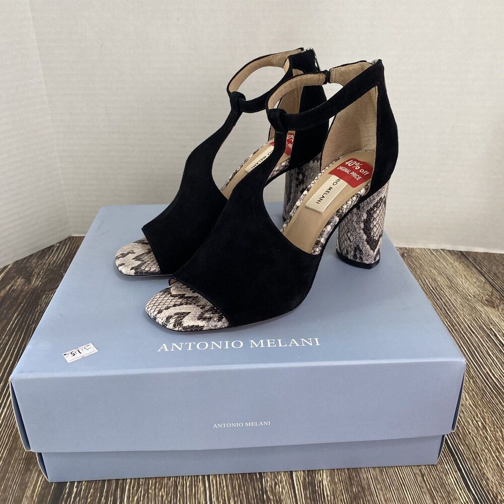 Antonio Melani Hilloray Heels Size 7 T-Strap Sandal Snake Black Suede Leather